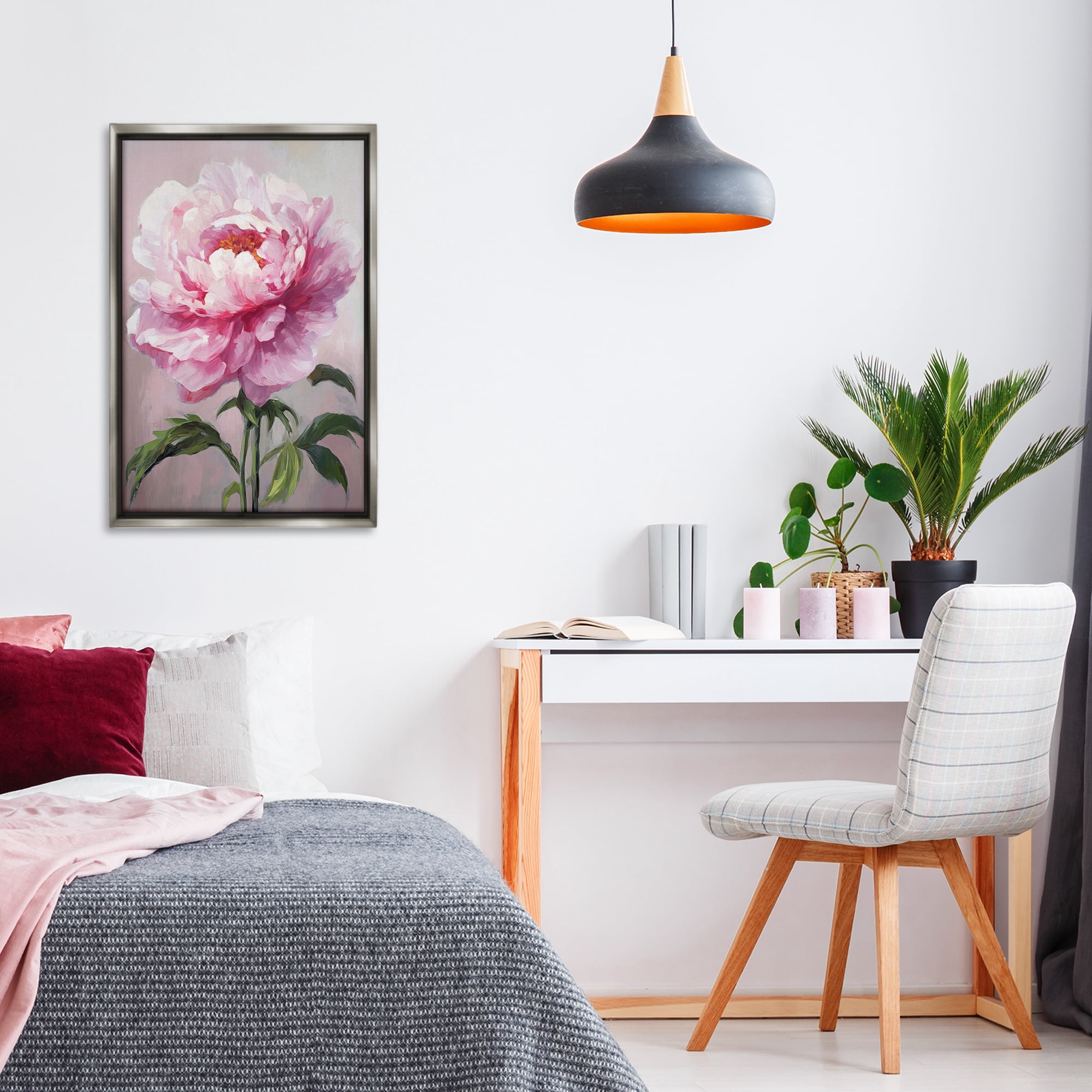 Stupell Industries Pink Blooming Floral Botanical & Floral Painting Gray Floater Framed Art Print Wall Art, 21 x 31