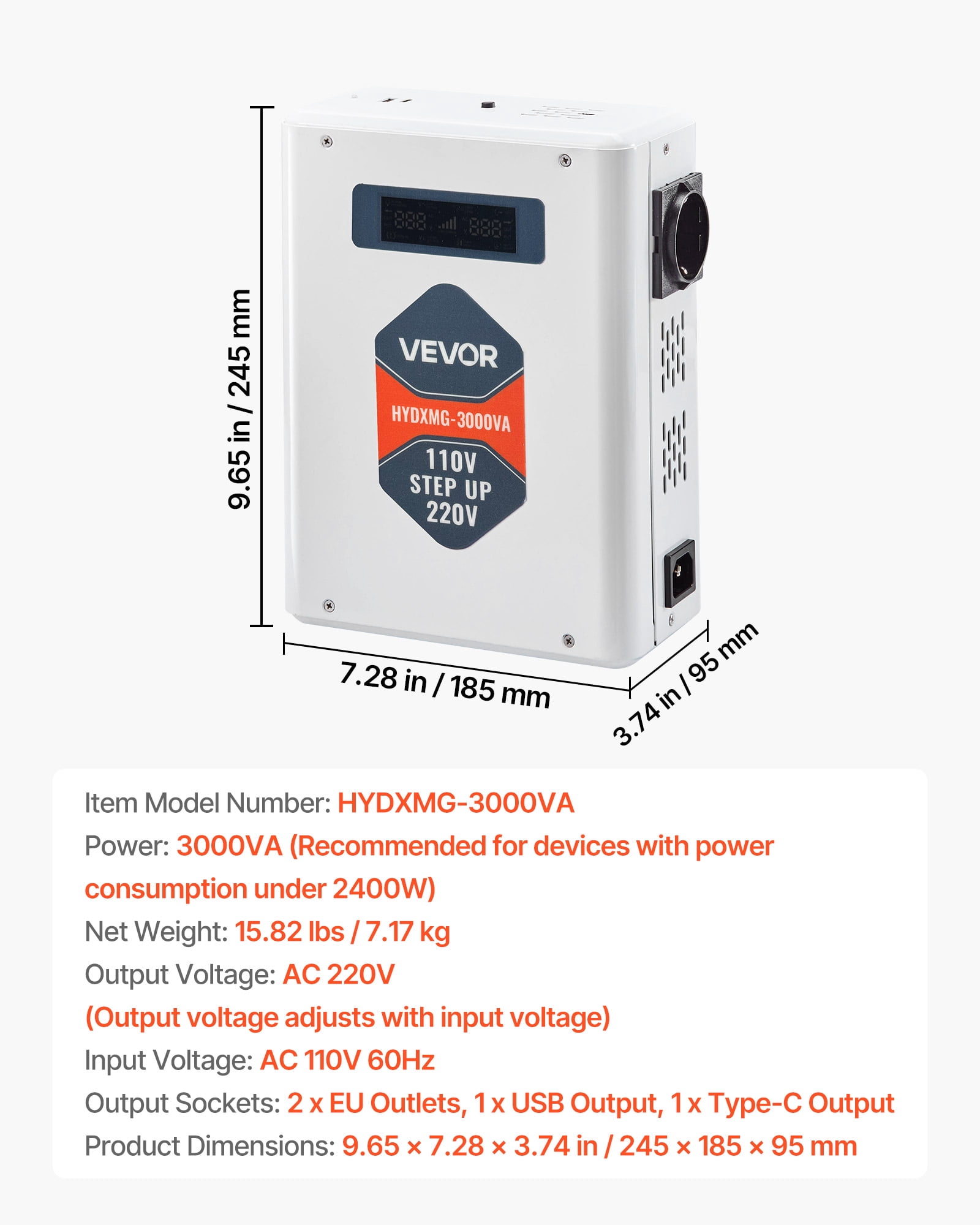 VEVOR Step Up Voltage Converter, 3000W, Heavy Duty Voltage Power Converter, 110V to 220V Power Transformer, with 2 EU Outlets, USB Output, LCD Display, Temperature Protection, for 220V Appliances