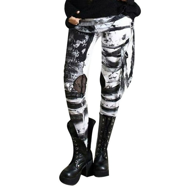 DYMADE Women's Gathered Pants Gothic Rocker Distressed Punk Tie Leggings Pants