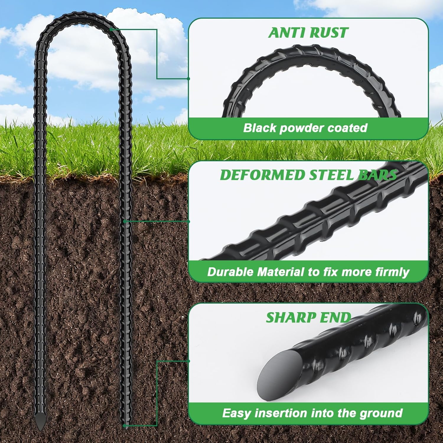 Trampolines Wind Stakes 16 Pack 16 Inch, 0.3 Inch Thick Heavy Duty U Shaped Rebar Tent Stakes Ground Anchors Galvanized Steel Safety Trampoline Anchors for Camping Tents, Soccer Goals