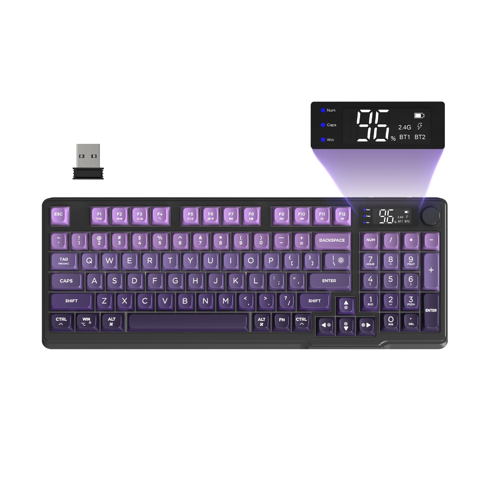 FREEWOLF M96 Wireless Gaming Keyboard Creamy Membrane with Rainbow Backlight,Media Knob,LCD Screen,Dual Mode-Bluetooth/2.4Ghz,Ball Shape PBT Keycap 94 Key...