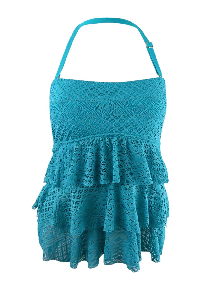 Island Escape Womens Sky Above Tiered Crochet Tankini Top 8 Turquoise Swimsuit