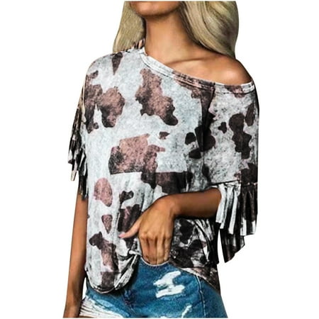 

Mrat Corset Tops for Women Short Sleeve V-Neck Blouses Ladies Casual Versatile Loose T-Shirt Round Neck Leopard Print Tassel Short Sleeve Top White Blouse for Female