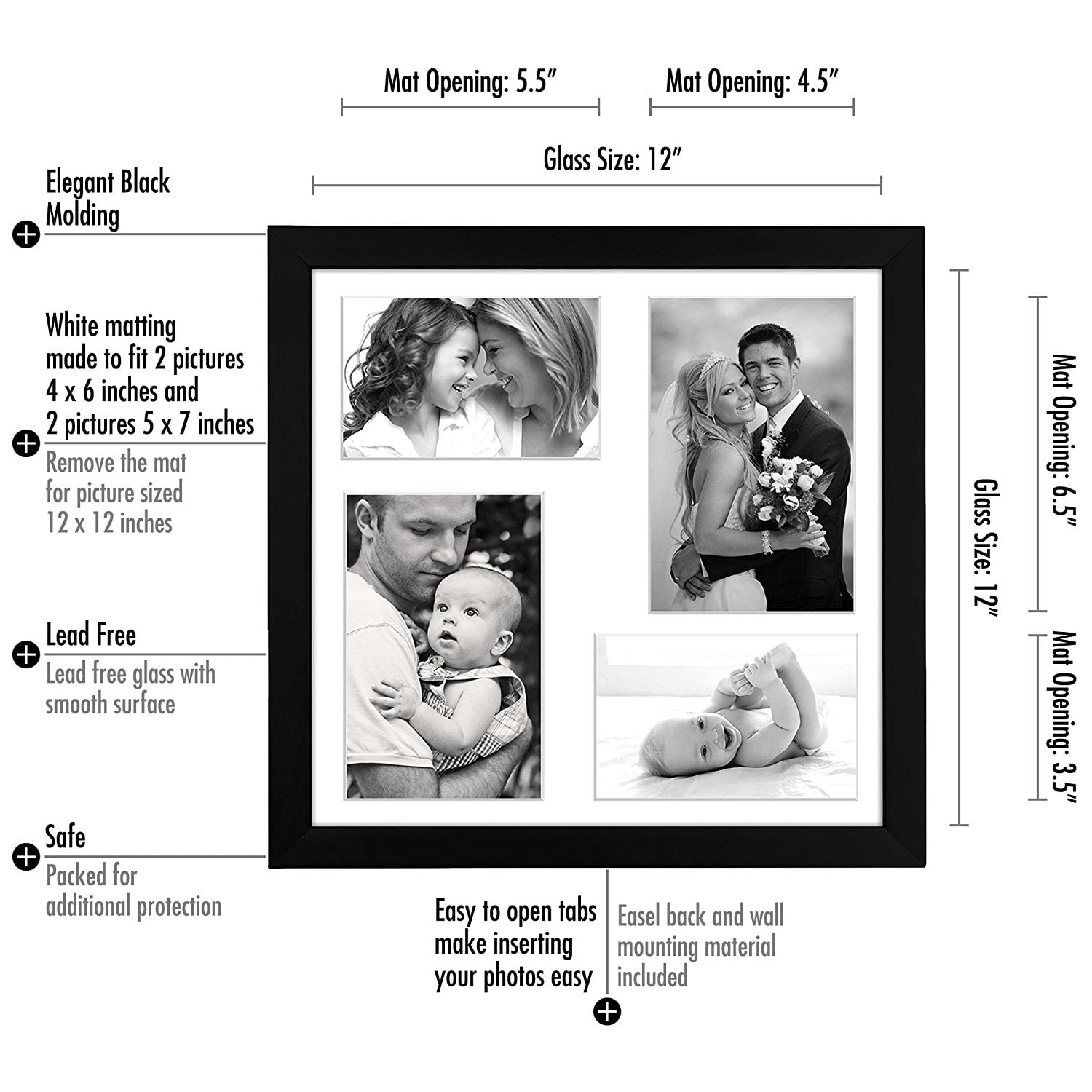 Americanflat 12x12 Collage Picture Frame with Glass photos showcase favorite family memories vacation class - Black