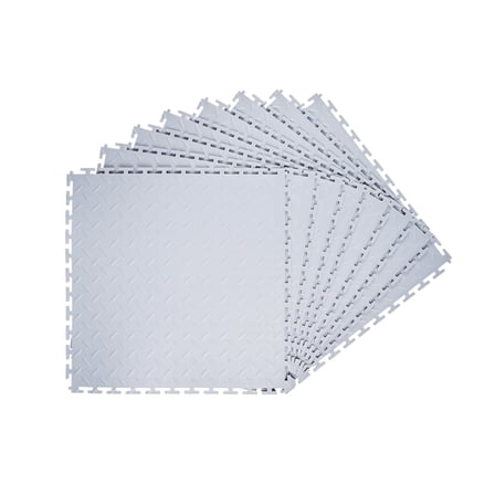 KFFKFF Interlocking Garage Floor Tiles, 8 Pack 20.2 x 20.2 x 0.2 in Modular PVC Flooring with Diamond Plate Design, Slip-Resistant Mats for Workshop, Warehouse, Tool Room, Silver