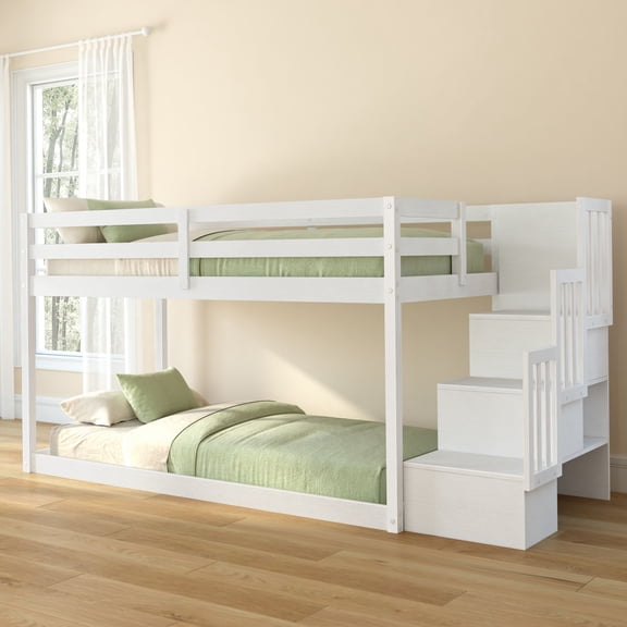 Bear Plywood Twin/Twin Low Bunk with Staircase, Brushed White