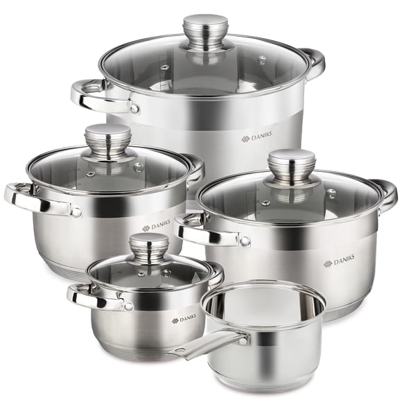 Juego de utensilios de cocina de inducción de acero inoxidable Daniks Standard de 9 piezas: cacerola, ollas aptas para lavavajillas, escala medidora, tapas de vidrio, para sopa, pasta y estofado, colo