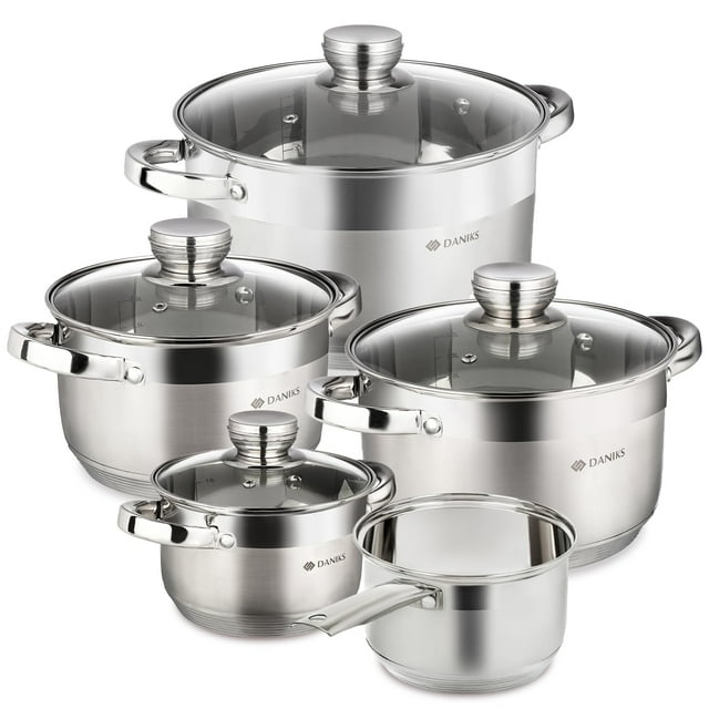 Juego de utensilios de cocina de inducción de acero inoxidable Daniks Standard de 9 piezas: cacerola, ollas aptas para lavavajillas, escala medidora, tapas de vidrio, para sopa, pasta y estofado, colo