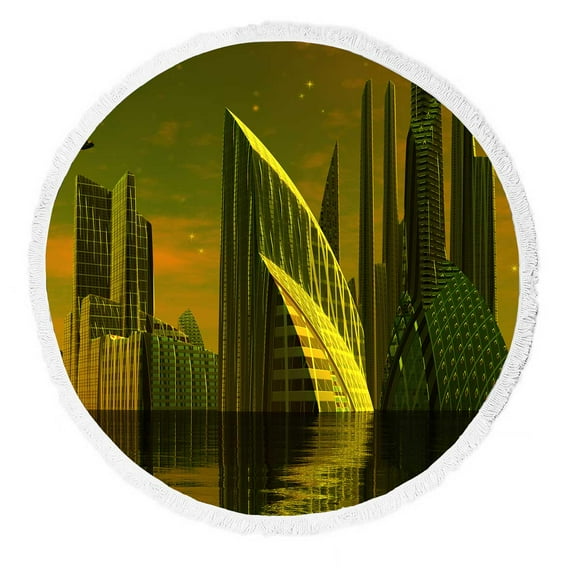YUSDECOR Modern Alien City Computer Artwork Round Beach Towel Beach Mats Shawl Blanket Yoga Mat with Tassels Beach Throw Towel