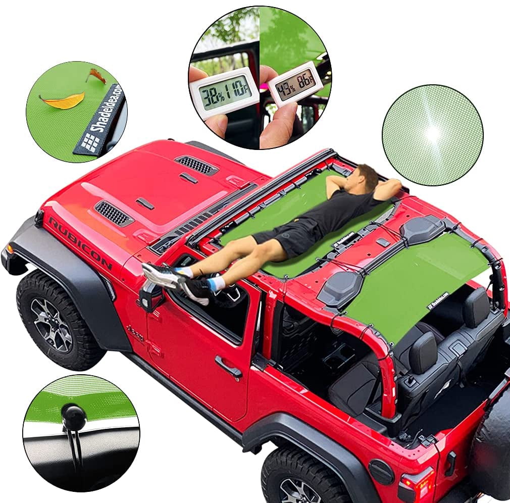 Shadeidea JL Sun Shade for Jeep Wrangler 2 Door Top Sunshade ( 2018 - Current ), Front & Rear - Green Mesh Screen Wrangler Cover, UV Blocker with Grab Bag Pouch - 10 Years Warranty