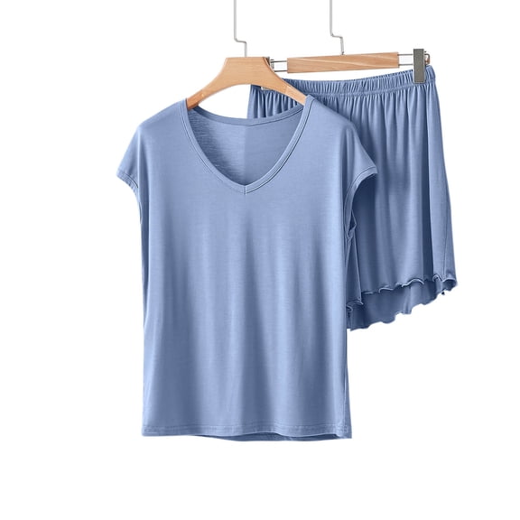 Soft Pajama Sets for Women Summer Shorts Sleepwear Loose Cap Sleeve V Neck 2 Piece Loungewear Set Light Blue XXL