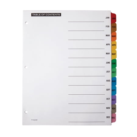 Office Depot Table Of Contents Customizable Index With Preprinted Tabs, Assorted Colors, January-December, 14705