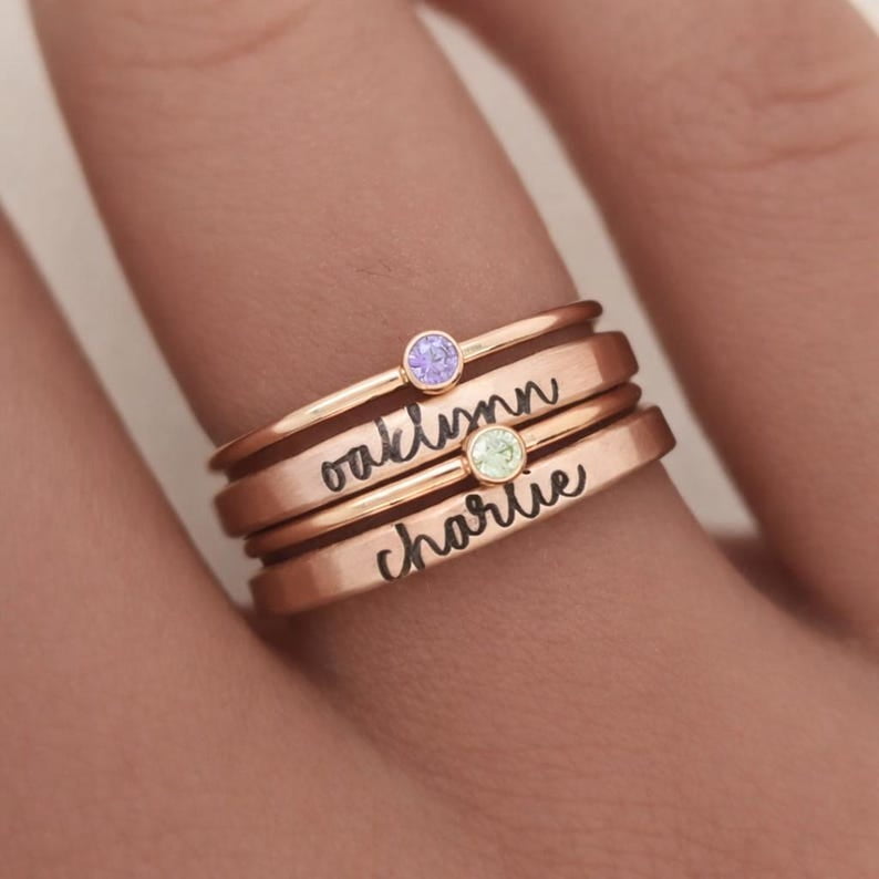 Personalized Birthstone Ring Set, Stackable Name Rings for Mom, Custom Family Jewelry, Birthstone and Name Stackable Rings, Mother's Day