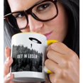 thumbnail image 2 of 3drose, Get in Loser. Black and White Photo of Tree Line with Ufo Taking Girl., 11oz Two-tone Yellow Mug, 2 of 6