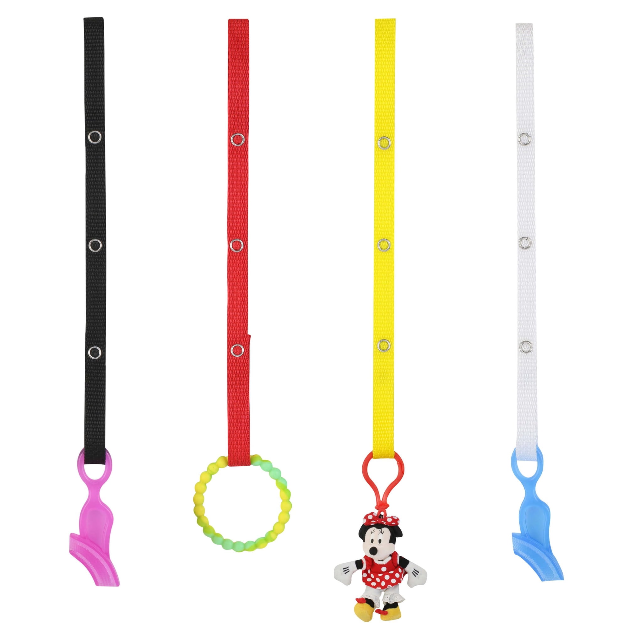 Baby Buddy Secure-A-Toy Secures Toys, Teether, or Pacifier to Stroller, Highchair, Car Seat, Navy-Red-Yellow-White 4pk