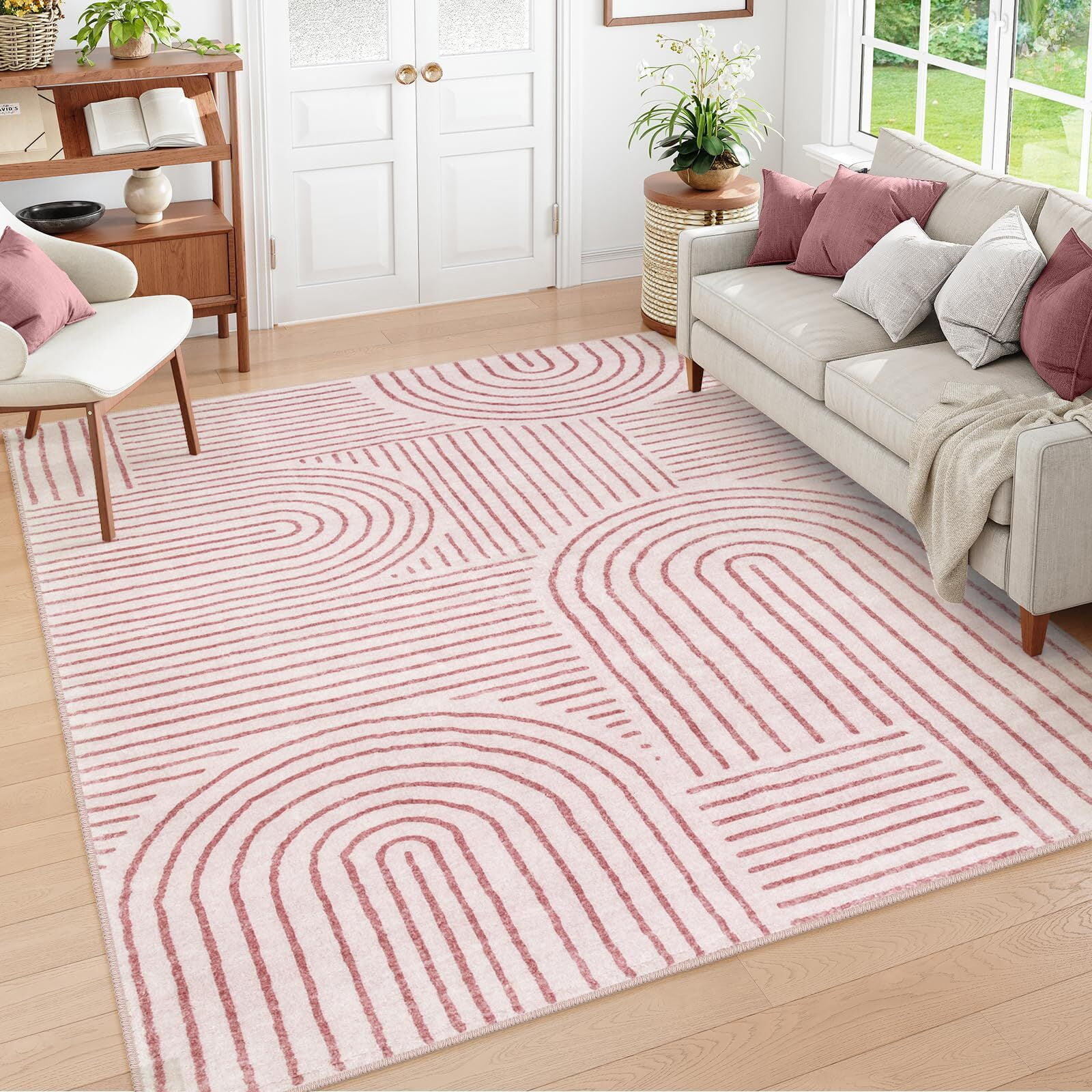 Moynesa 8'x10' Abstract Area Rugs for Living Room, Ultra-Thin Soft Washable Rug Non-Slip Large Modern Girls Bedroom Rug Non-Shedding Accent Carpet for Dining Room Office, Pink