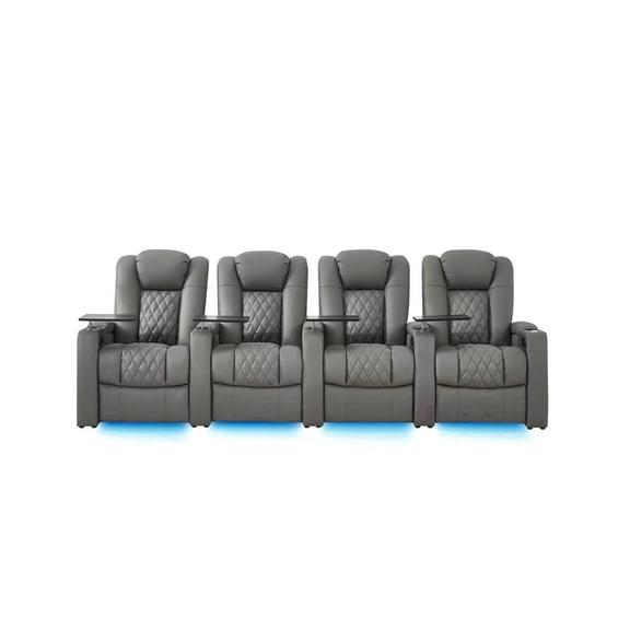 comfiroom Leather Home Theater Seating, Classic Series Top Grain Leather Game Seats Movie Theater Chairs Recliner Sofa with Type-C USB Charger (Grey, Row of 4)