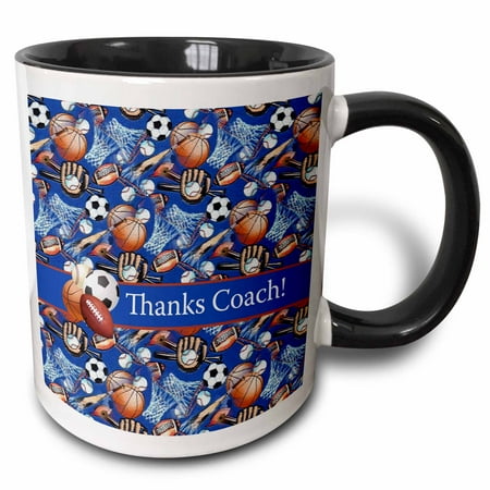 Thanks Coach Baseball 3dRose Thank you Coach, Baseballs, Footballs, Soccer, Gloves, Basketballs - Two Tone Black Mug, 11-ounce ()