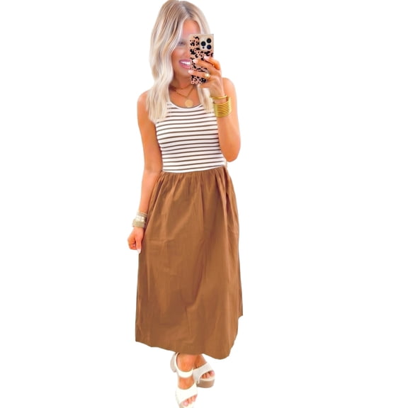 TinyCribz Women's Chestnut Striped Colorblock Maxi Dress – Sleeveless XL