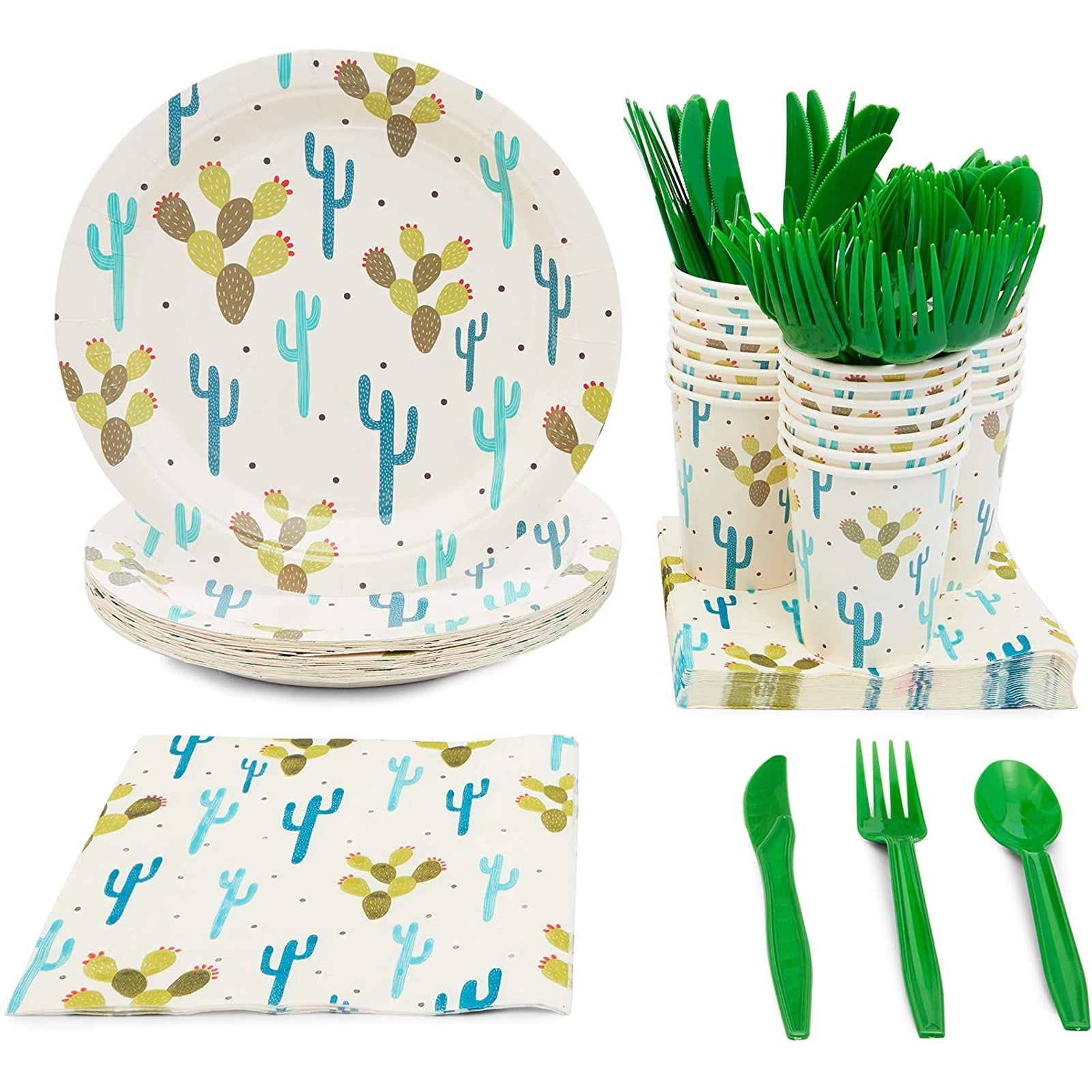 Serves 24 Cactus Party Supplies, 144pcs Mexican Fiesta Paper Plates, Napkins, Cups and Cutlery Set for Kids Birthday, Baby Shower, Cinco de Mayo