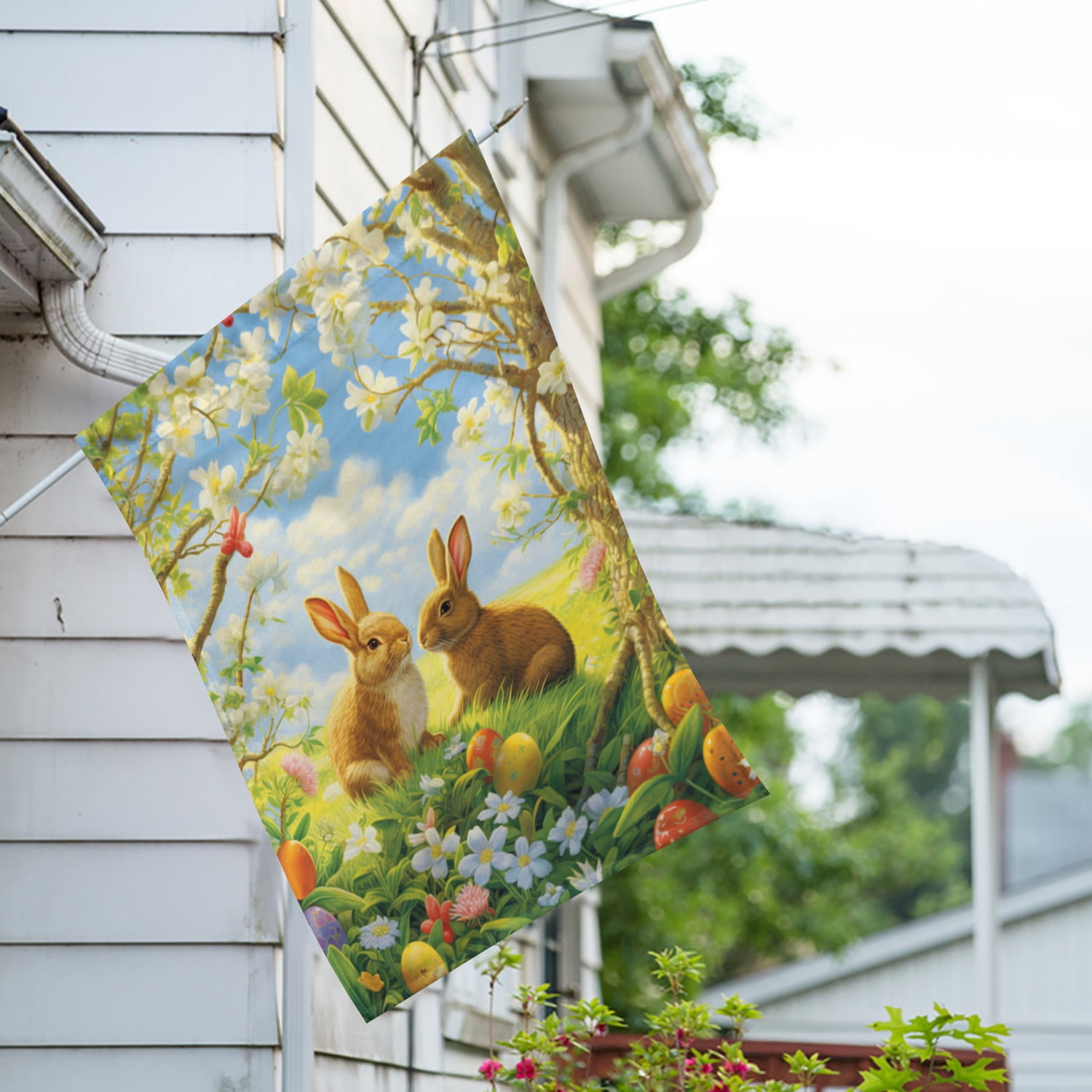 America Forever Easter Bunnies House Flag 28 x 40 inch Double Sided Rabbit Floral Farmhouse Flowers Spring Holiday Seasonal Easter Day Flags for Outdoor Yard Lawn Decoration