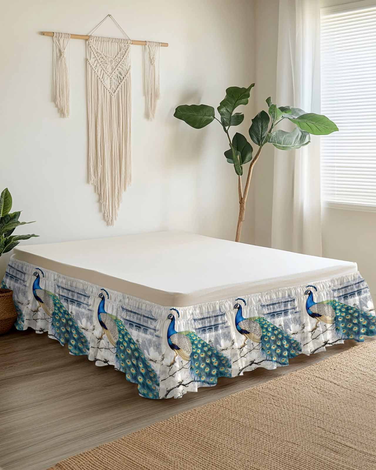Elegant Peacock Wrap Around Bed Skirts for Queen Bed 16" Drop,Bed Skirt with Adjustable Elastic Belt Dust Ruffle Bed Valance for Bedroom Hotel Vintage Attic Magnificent Feathers Bed Frame Cover