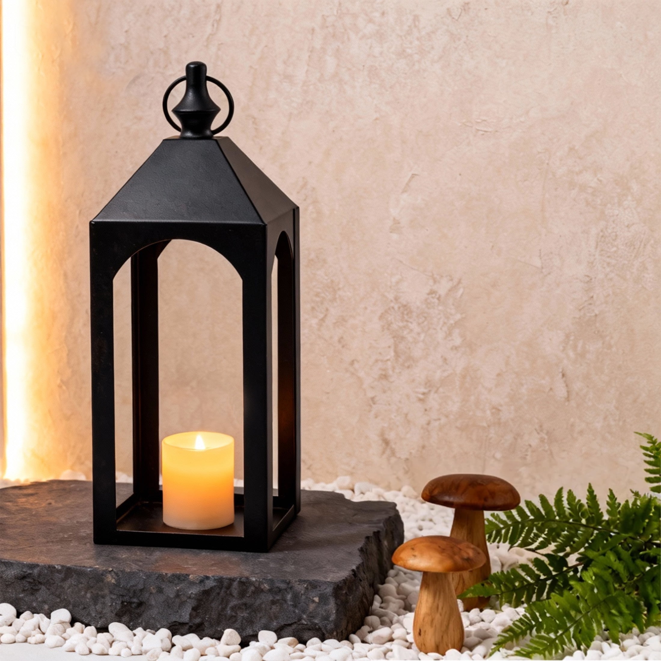 GARITIN 17" Black Metal Lantern Candle Holder, Outdoor & Indoor Decor for Patio, Garden, Porch, Pathway Lighting, House Warming Gift