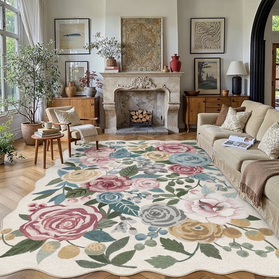 BERTHMEER 5'x7' Scalloped Area Rugs for Living Room Floral Vintage Rugs for Bedroom Farmhouse Non Slip Washable Beige Hand-Painted Watercolor Roses Carpets Blush Pink Dusty Blue Flower Throw Rugs