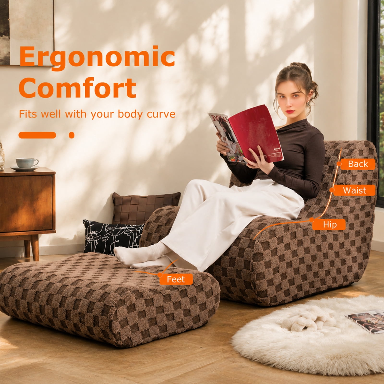 Furnibear Bean Bag Chair with Ottoman and High Elasticity Sponge for Living Room Bedroom Dorm Game Room Lounge Floor Seat, Brown