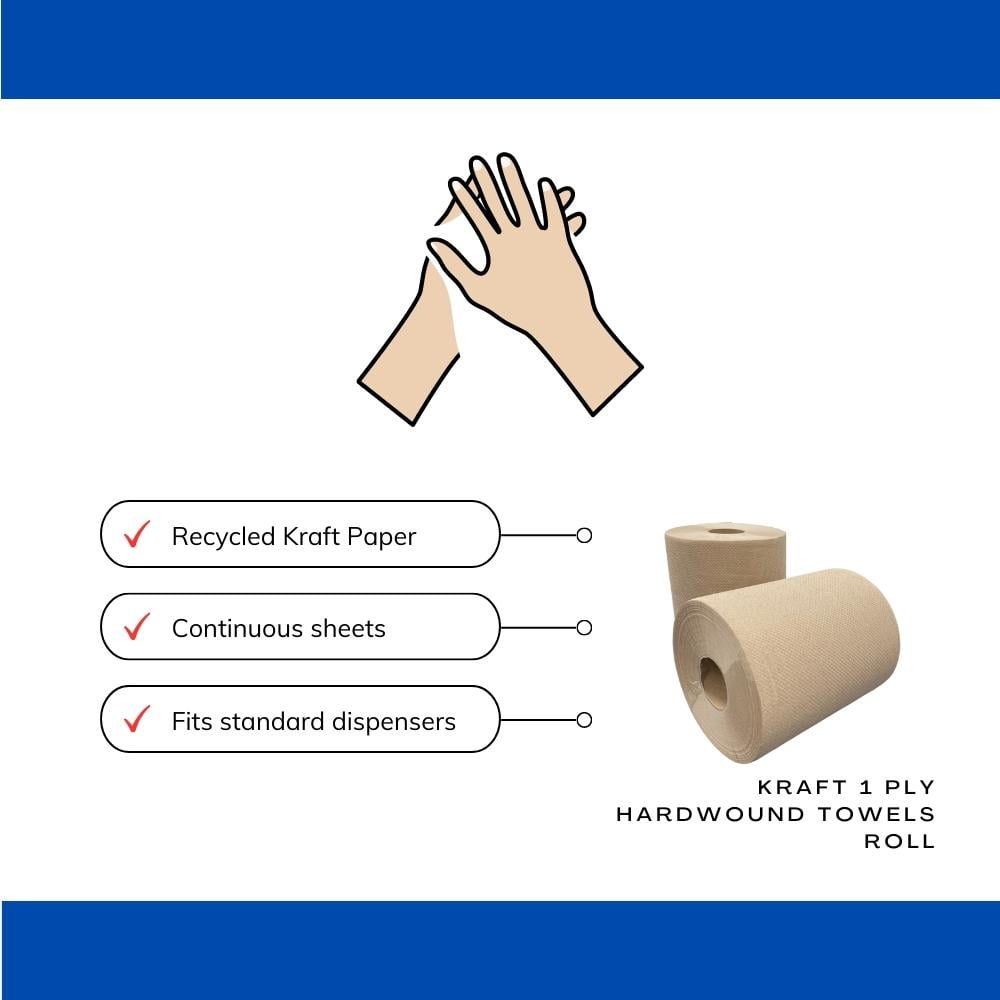 SSBM 8" x 300' 2" Core Hardwound Eco-Friendly Recycled Brown Paper Towel,Heavy-duty Cleaning, 1 Ply, Kraft, 30 Cases/360 Rolls