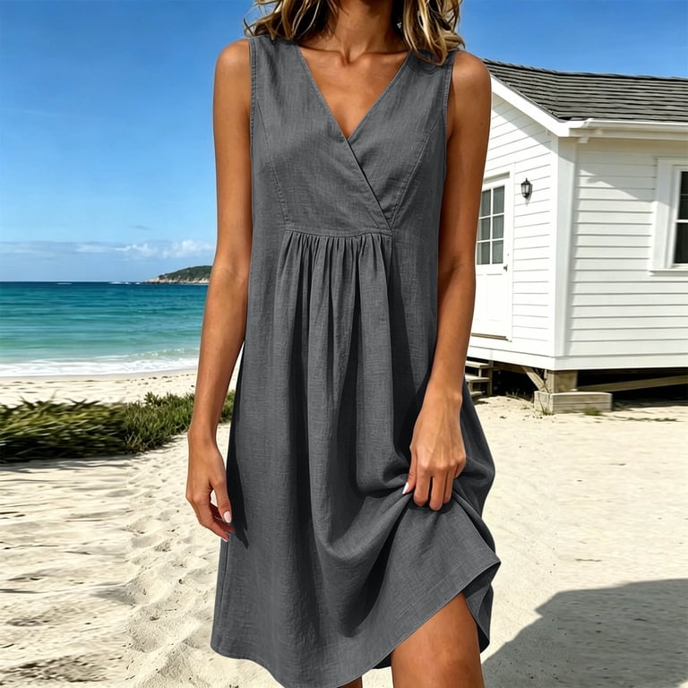 casual fitted summer dresses Karymi Pleated Wrap Sleeveless Mini Dress, V Neck Fitted Flounce A-Line Gathered Casual Summer Dress For Daily Beach Summer Dresses For Women, Women's