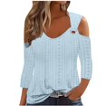 thumbnail image 2 of Cavosen T Shirts for Women 3/4 Length Sleeves Cold Shoulder Pullover Tops V-Neck Comfort Solid Color Shirts Dressy Flowy Loose Fit Blouse Eyelet Ring Tees Fashion Autumn Blue S, 2 of 6