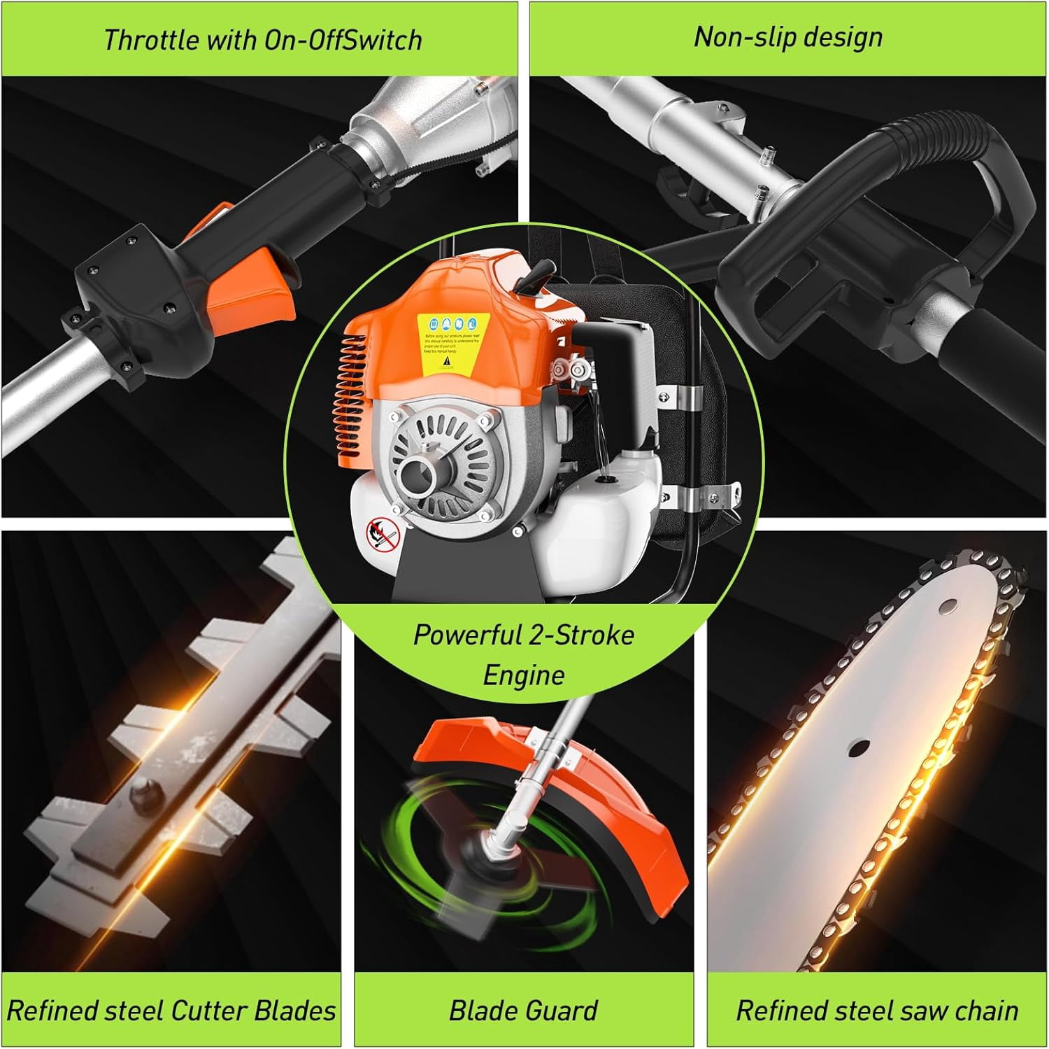 Datingday 52CC Gas Weed Wacker, 2-Stroke 6-in-1 Orange Gas Powered Weed Eater, Gas Hedge Trimmer, Backpack Style Gas Brush Cutter, Gas String Trimmer, Gas Pole Saw