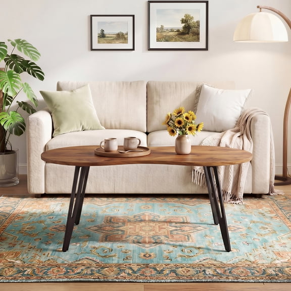 Irregular Bean Shaped Wood Coffee Table with Black Cutout Metal Legs, Modern Accent Table for Living Room and Apartment
