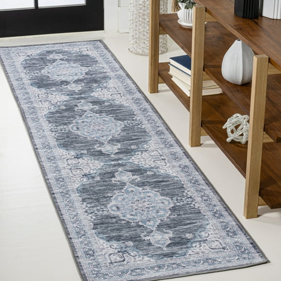 JONATHAN Y WASHABLE 2 x 8 Runner Rug, Wincer Chenille Cottage Medallion - Gray/Blue/White, WSH202D-28