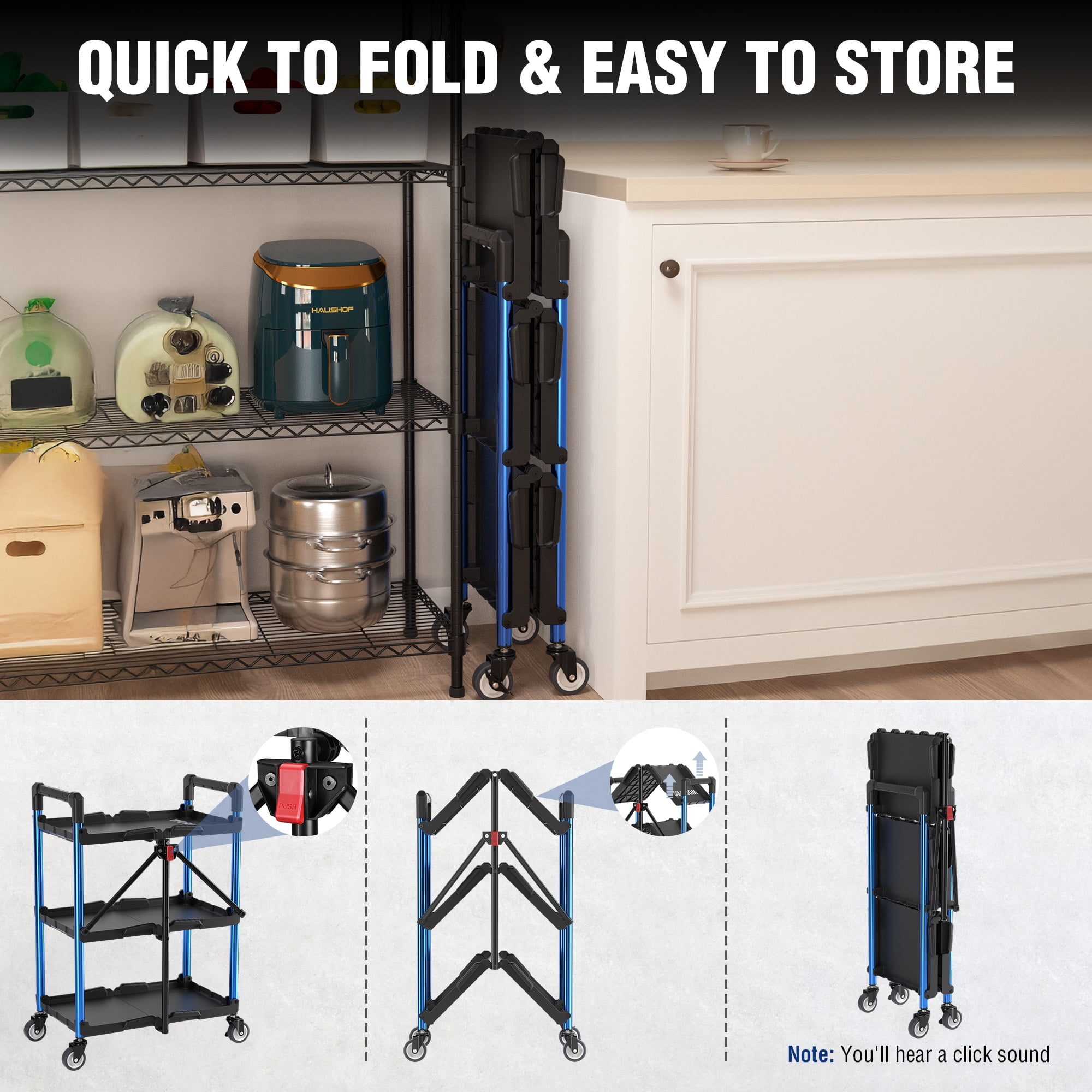 WORKPRO 3-Tier Folding Collapsible Service Cart with Wheels, 210 Lbs Loading Capacity, Foldable Rolling Utility Cart for Garage, Warehouse, Home, Restaurant, Office