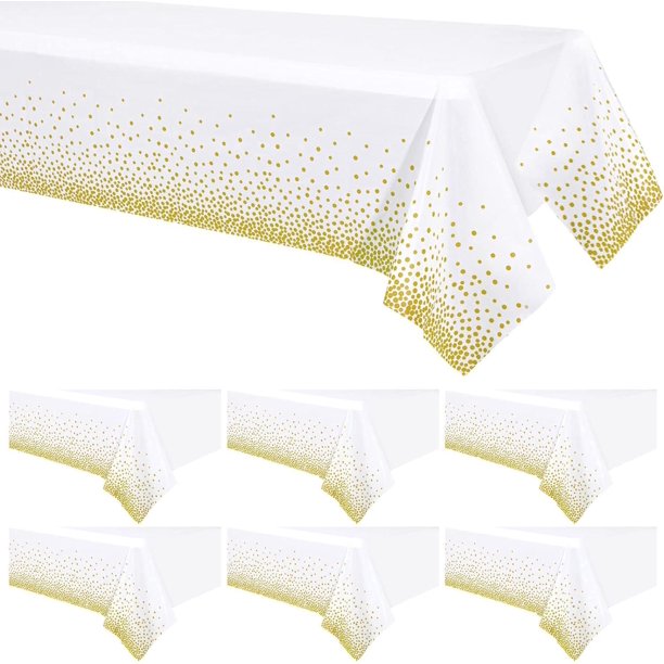 Paquete de 6 manteles de lunares de 54 x 108 Manteles de lunares dorados Manteles rectangulares para fiestas Manteles desechables impermeables Manteles de confeti para cumpleaños y picnic