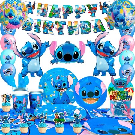 Stitch Birthday Party Supplies,106pcs Lilo and Stitch Birthday Decorations & Stitch Party Tableware Set - Stitch Plate Napkins Tablecloth Cups Balloons Banner etc Stitch Party Supplies for Boys Girls