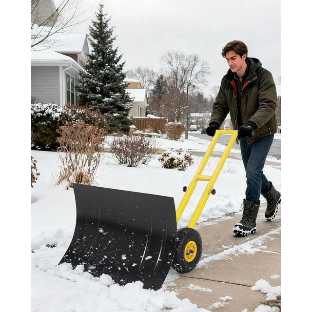 Twister.CK Pelle à Neige avec Roues, Pousse-Neige à Double Tige Robuste avec Lame en Métal 29"L X 19.8"H, Poignée à Angle et Hauteur Réglables pour Entrée Trottoir Cour, Jaune