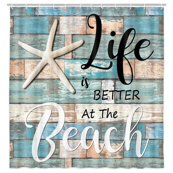 Beach Shower Curtain, Rustic Vintage Wood Ocean Quote Words Fabric Shower Curtain, Nautical Coastal Theme Shower Curtain with Hooks 69x70Inches