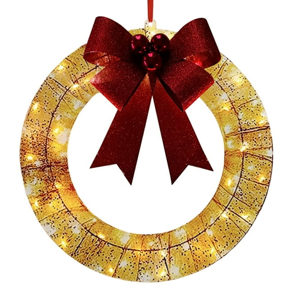 Lighted Metal Christmas Wreath 12Inch, Warm LED Luminous Door Wreath with Glowing Bow, Outdoor Holiday Front Door Ornament Décor, Wreath