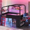thumbnail image 3 of Leumius Twin Size Low Loft Bed with Side Desk and Usb Ports, Gaming Style Metal Loft Bed with Led Lights, Storage Cabinets and Chic Canopy Design for Bedroom Guests Black, 3 of 9