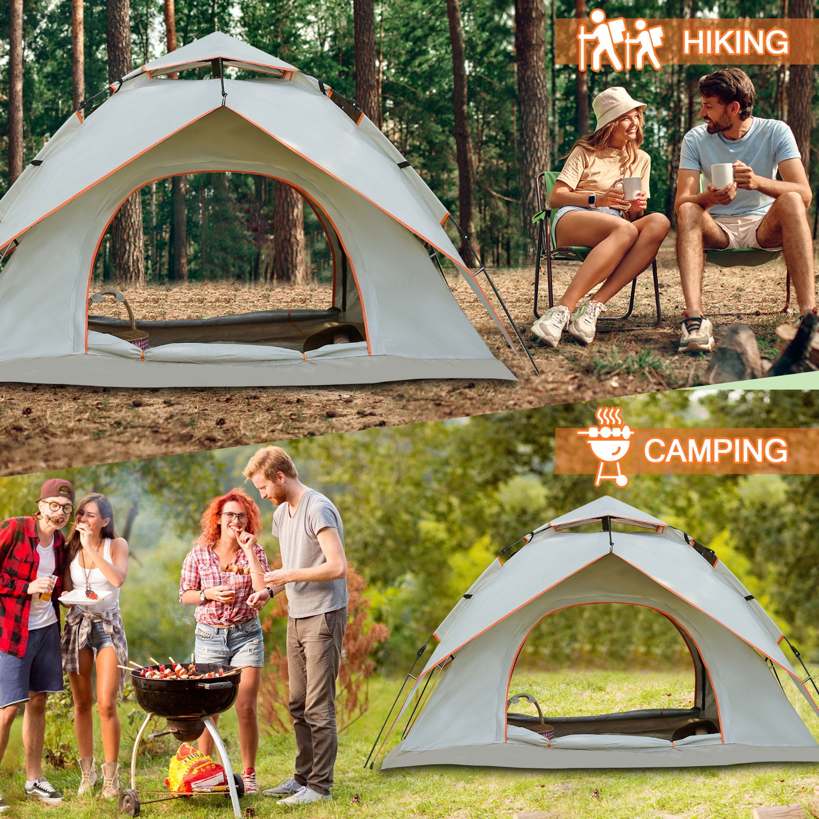 TOPCHANCES Instant Pop Up Tent 3-4 Person Family Camping Tent Easy Set Up Tent Portable Waterproof Dome Tent with Camping Lamp for Camping Hiking & Traveling, Beige #B