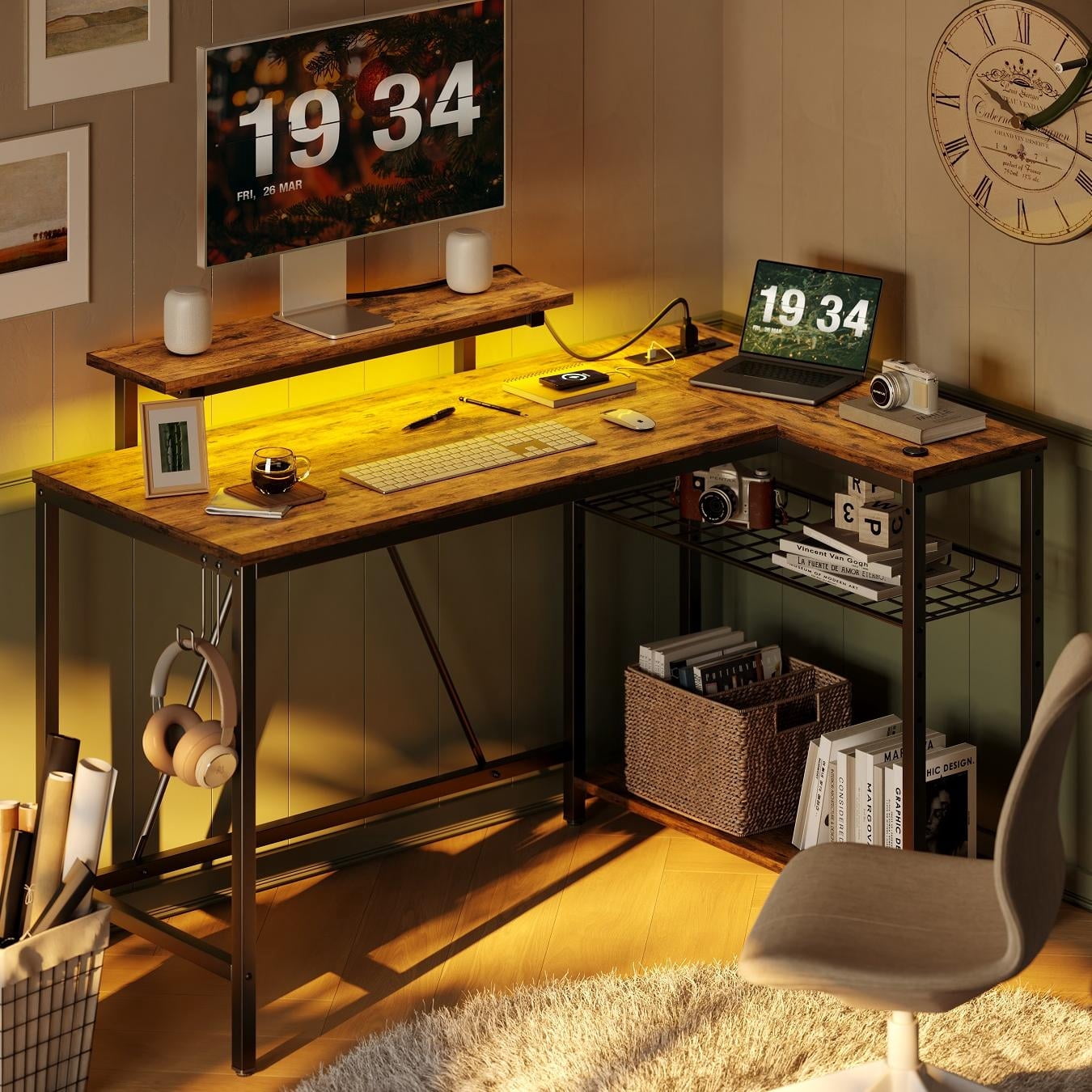 Bestier 48" L Shaped Desk with LED Lights & Power Outlets, Corner Computer Desk with Monitor Stand for Home Office, Rustic