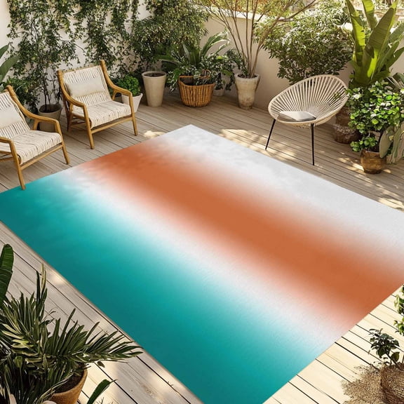 Tropical Coastal Green Gradient Outdoor Area Rug 6x9ft Decorative Indoor Outdoor Rug Nautical Ocean Orange Sunset Patio Area Rug for Porch, Deck, Balcony, Entryway, Camping & RV
