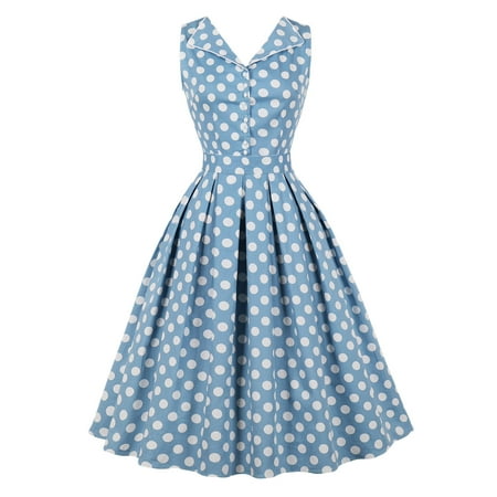 

Juebong Women Fashion Solid Sleeveless Turndown Polka Dot Mid Length Dress