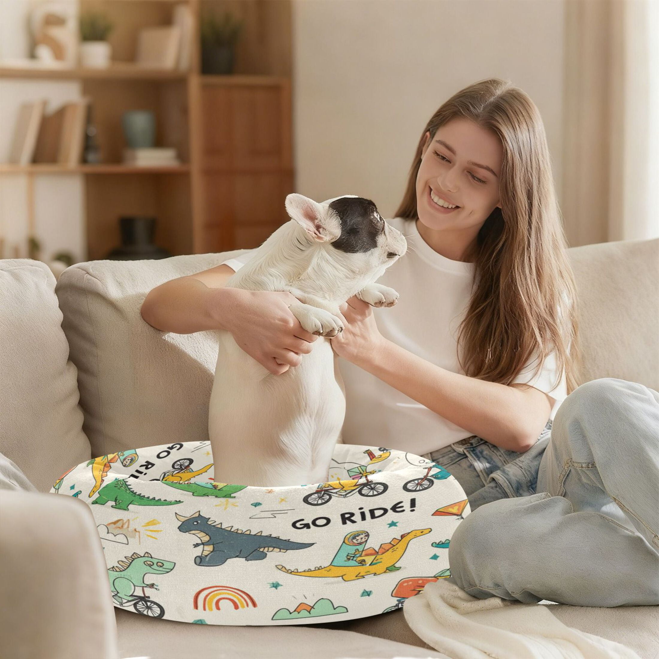 Iauyy Pet Couch Donut Cat Bed for Indoor Cats/Small Dogs Washable & Machine with Non-slip Bottom Calming Cat Furniture, Cute Little Dinosaur (M)