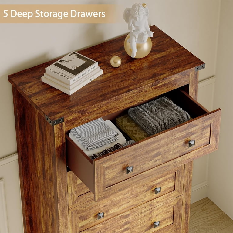 Brown 5 Drawer Tall Dresser Wooden Organizer Cabinet for Living Room and  Closet