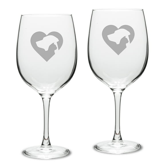 Cat Dog Heart Deep Etched Classic Red Wine Glass Set of 2