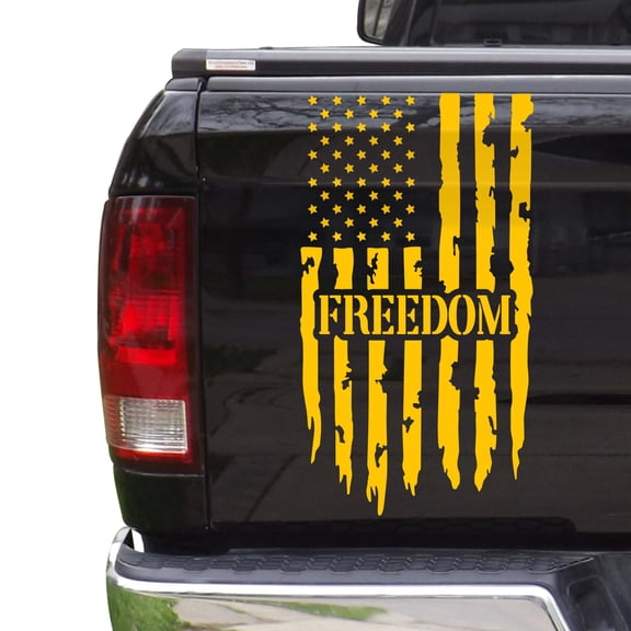 Freedom Distressed American USA US Flag Truck Tailgate Vinyl Decal Sticker fits most Pickup Trucks U.S. Decal for Liberty, Independence, Self-determination, Autonomy (11" x 20", Yellow)
